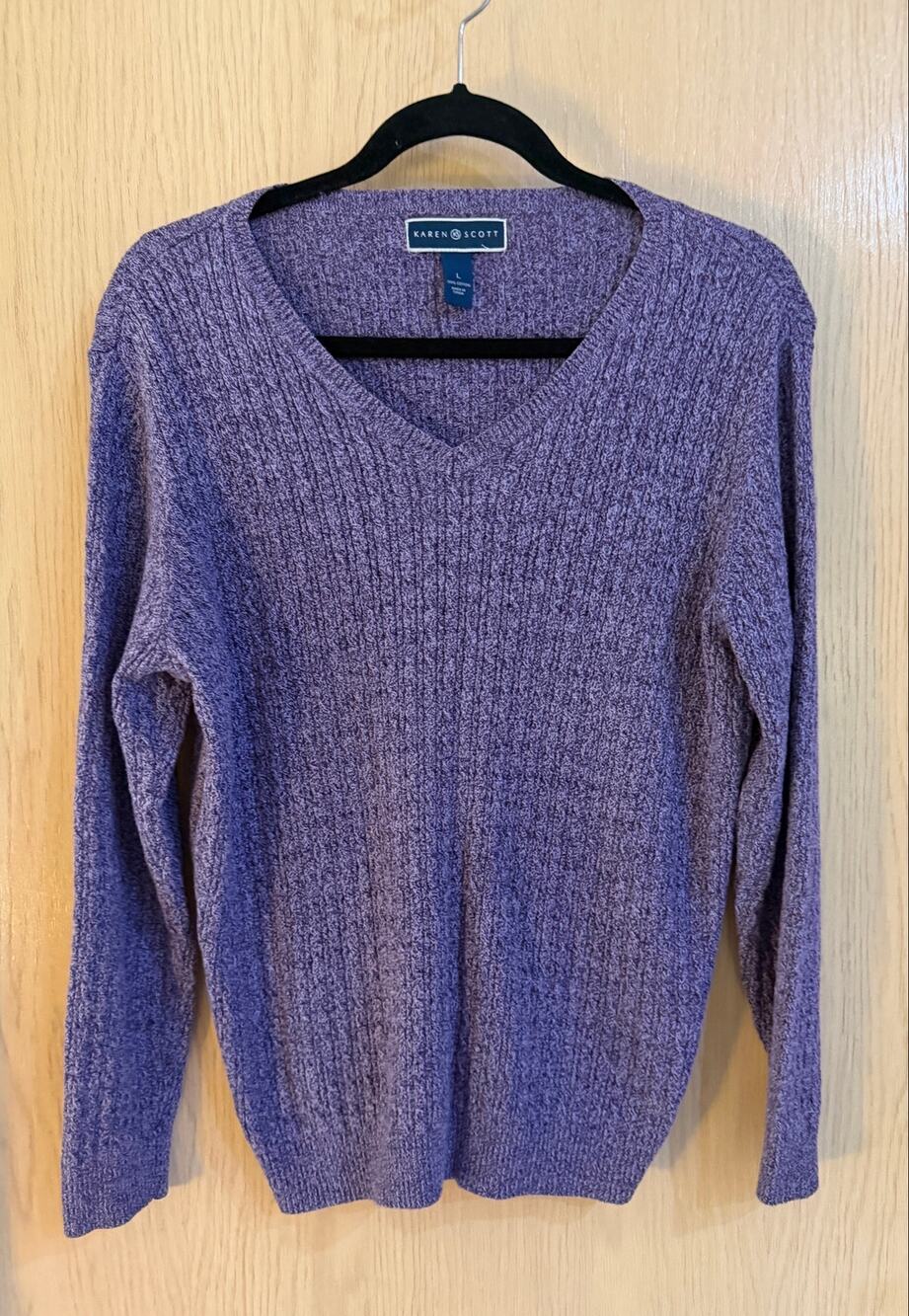 Karen Scott Purple Heathered Cable Knit Cotton V-Neck Sweater L